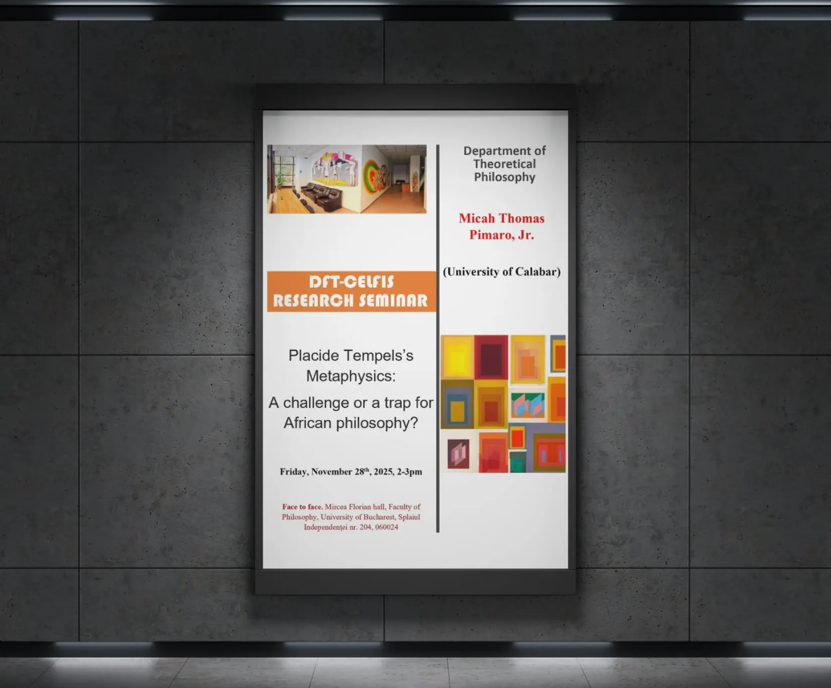 Departamentul de Filosofie Teoretică organizează o nouă conferință cu Micah Thomas Pimaro Jr. – „Placide Tempels’s Metaphysics: A challenge or a trap for African philosophy?”